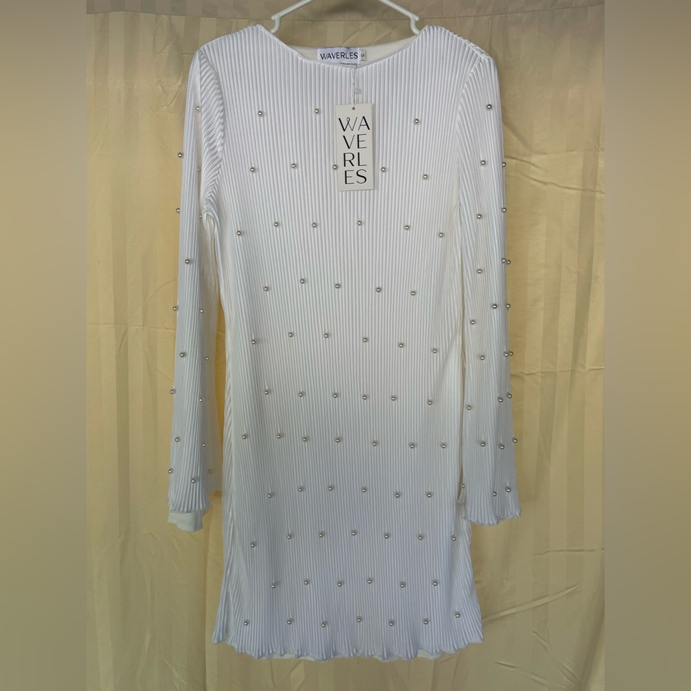 Waverly White Pearl-Studded Long Sleeve Dress